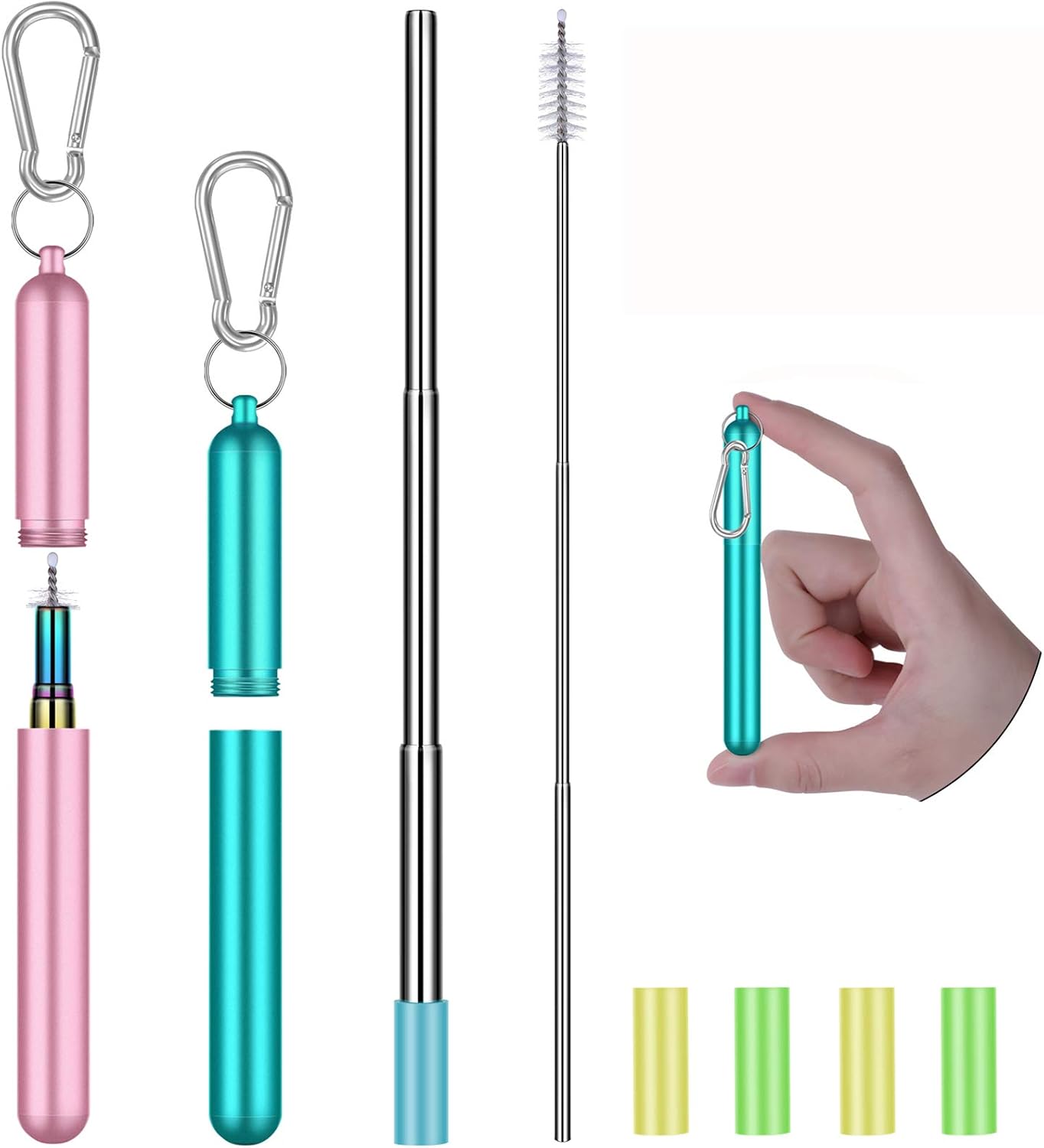 Reusable Straws Stainless Steel, Collapsible Metal Straws Drinking Straw with Portable Travel Case, Keychain, Cleaning Brush, Silicone Tips, 2 Pack (Rose gold & Aqua blue)