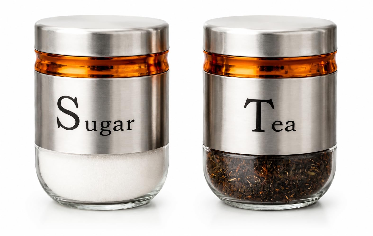 CASAQUA Stainless Steel & Glass Tea Sugar Container Set 2, 350 ml, Transparent Storage Jars with Airtight Lid, Kitchen Canister Set for Tea, Sugar, Modern Design