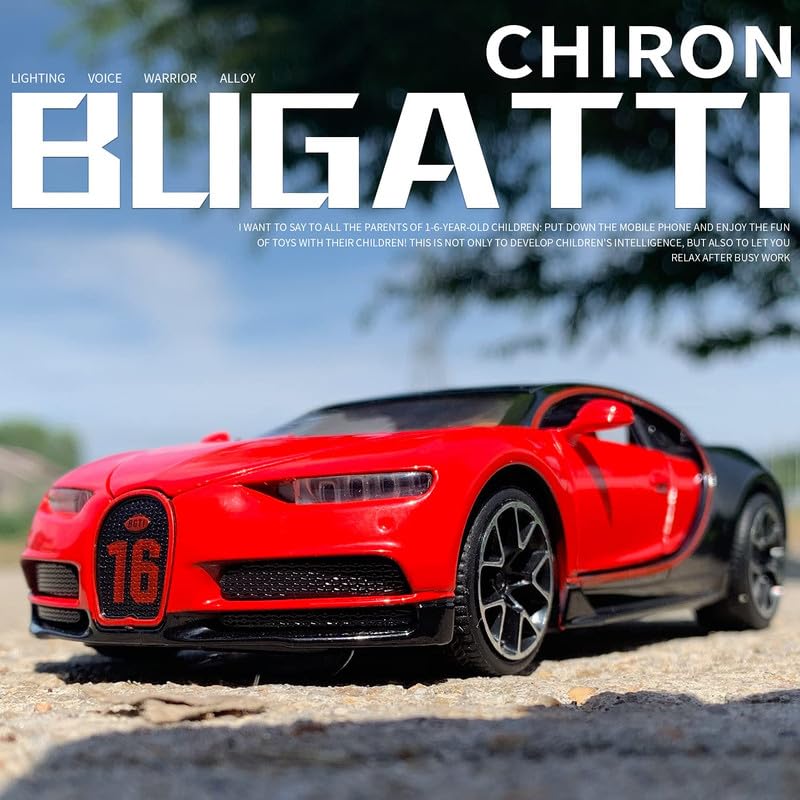 Image of Kids Model 1:32 Bugatti Chiron Die Cast Metal Car Pull Back Action Opening Doors with Realistic Engine Sound Lights Toy Car Gift for Boys - Red