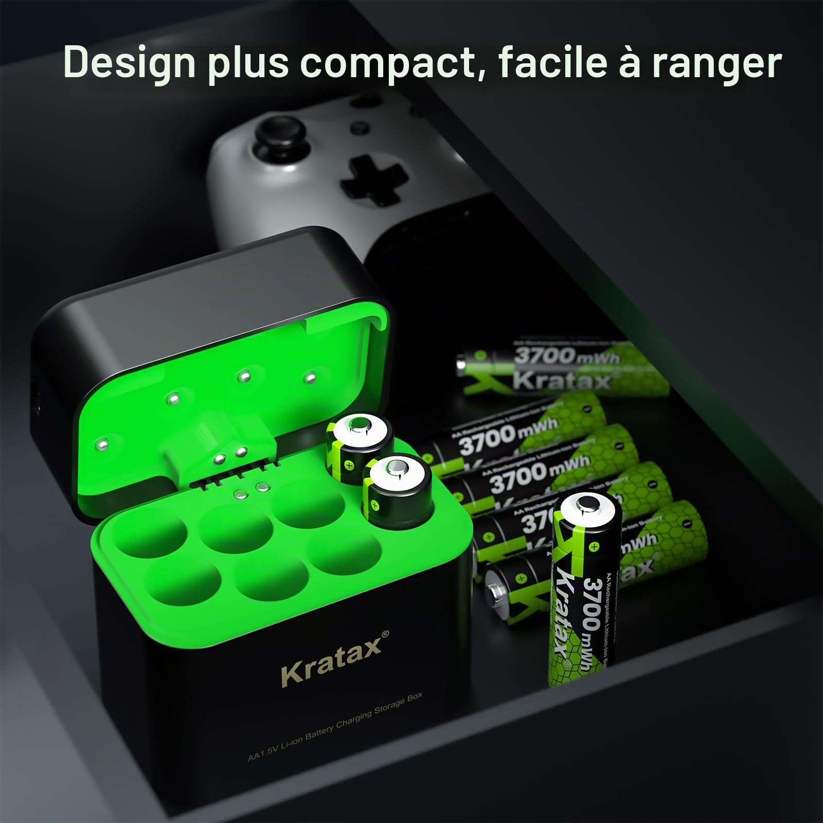 Kratax Lot de 12 piles AA rechargeables au lithium avec chargeur, piles AA haute capacité au lithium 1,5 V 3700 mWh, 2000 cycles de charge, piles AA Li-ion rechargeables avec boîte de charge