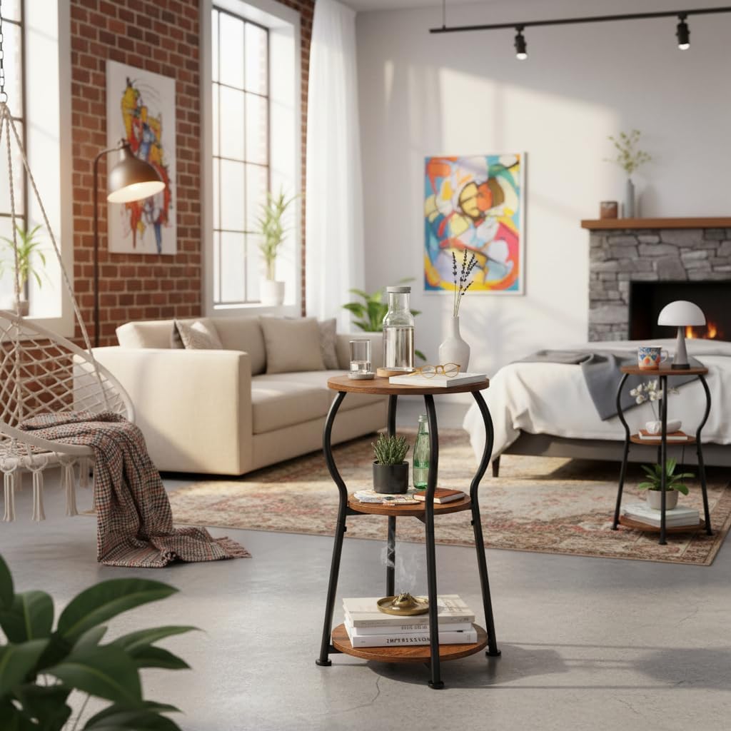 Small Round Side Table for Small Spaces, 3 Tier Round Bedside Table Wood,Corner Round Tables for Living Room, Lightweight Portable Vintage End Tables for Tiny Space