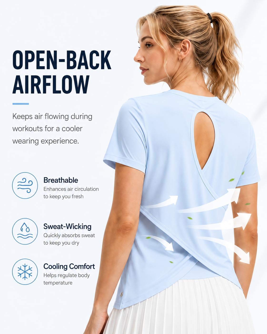 Women's Short Sleeve Athletic Shirts Open Back Workout Tops Quick Dry Loose Fit Gym Running Lightweight T Shirt