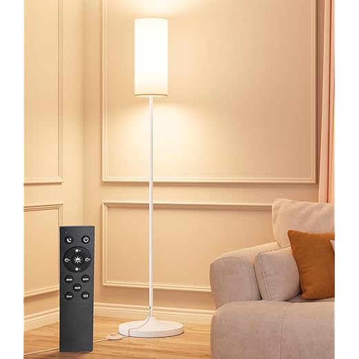 luckystyle LED Floor Lamp for Living Room, Dimmable Standing Lamps with Foot Switch,Remote Custom Color Temperature White Pole Lamp with Lampshade,12W Led Bulb Tall Lamps for Bedroom Office Kid Room