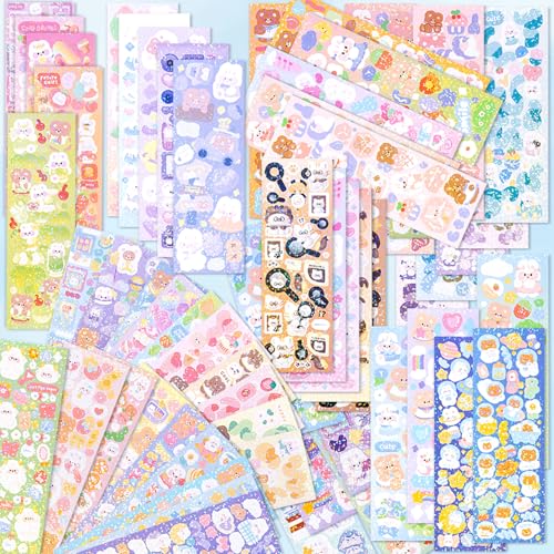 Incinkod 60 Sheets Korean Stickers Kpop Deco Stickers for Photocard Self Adhesive Colorful Stickers Cute Korean Sticker with Rabbit Bear Flower Cake for DIY Arts