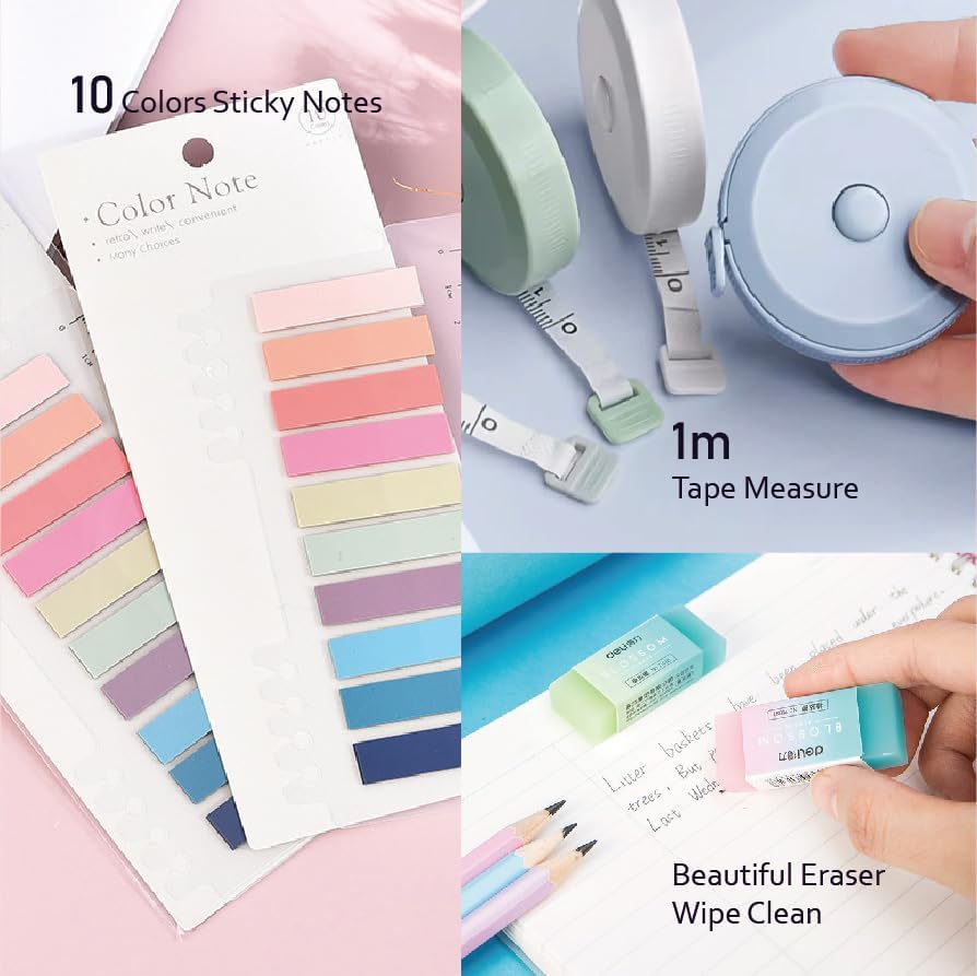 39PCS Macaron color School Supplies set，5 ballpoint pens，notebooks, pencil cse, sticky notes ，6mechanical pencil，2Correction Tapes，4fluorescent pens - Image 7