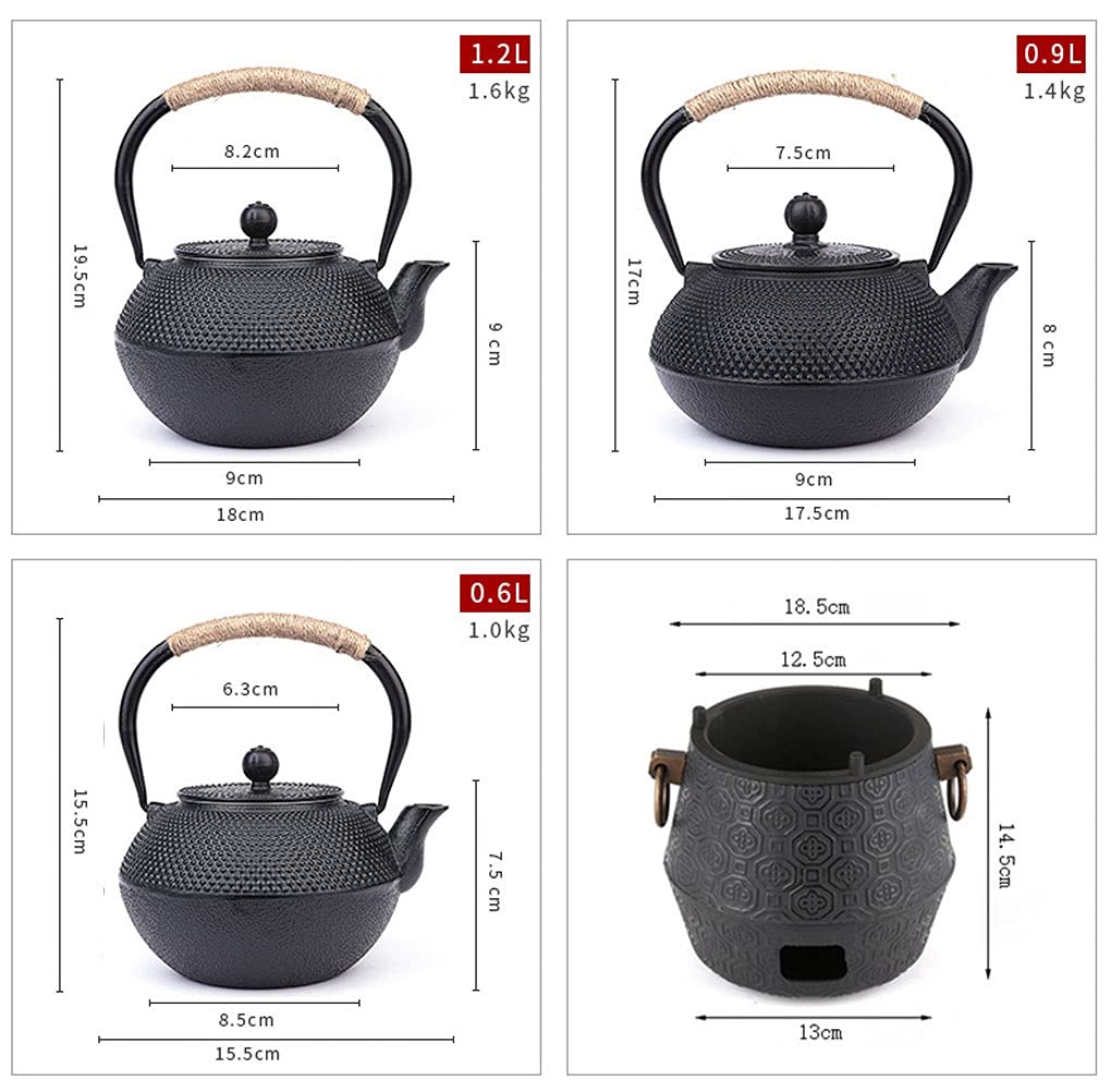 Juego de tetera de hierro fundido con infusor de estilo japonés suelto con colador, calentador, salvamanteles y tenedor de clip de té con mango de madera