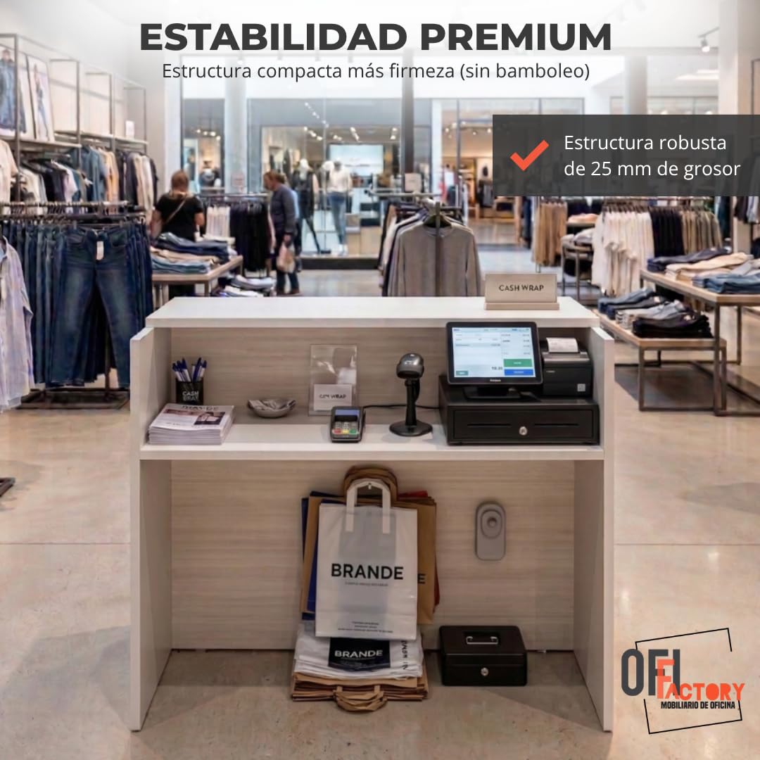 Mostrador Recepcion Profesional | Mostradores para Tiendas de Madera 25MM Grosor | Mesas para Recepción de Oficina, Peluqieria | Mueble Recepcion con Estanteria (Acacia, 120x105x50)