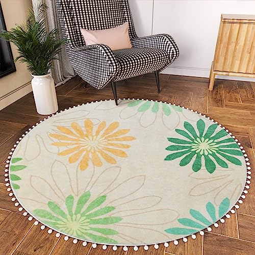 Nechegi NE17 4Ft Round Rugs, Washable Non-Slip Round Area Rug Throw With Cute Pom Pom Fringe Soft Round Nursery Bathroom Circle Rug cover