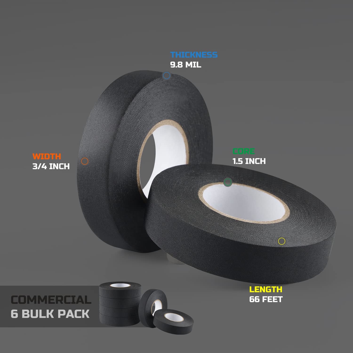 Lichamp 6-Pack Wire Harness Tape, Cloth Electrical Tape Automotive, Thicked 9.8 mil x 3/4 in x 66ft, No Residue Fabric High Temp Wiring Loom Tapes, B106