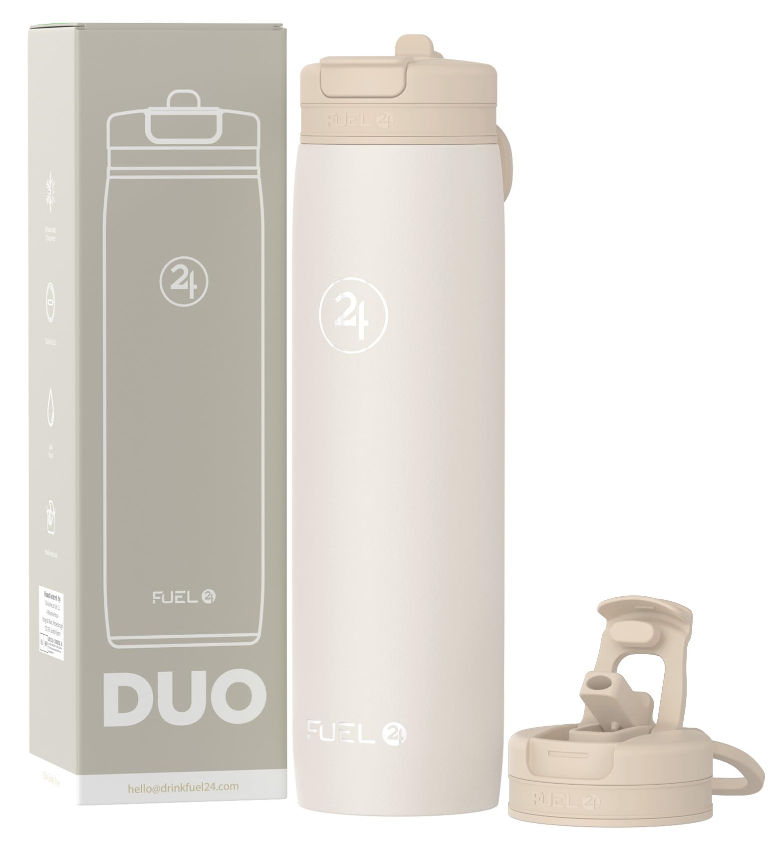 Fuel24 Duo - Stainless Steel Water Bottle 700ml or 1L - Vacuum Insulated Metal Flask with Straw (Dual use Lid) 1 Litre - for Sports, Gym, Work – Slim Design (Sand, 700 ml)