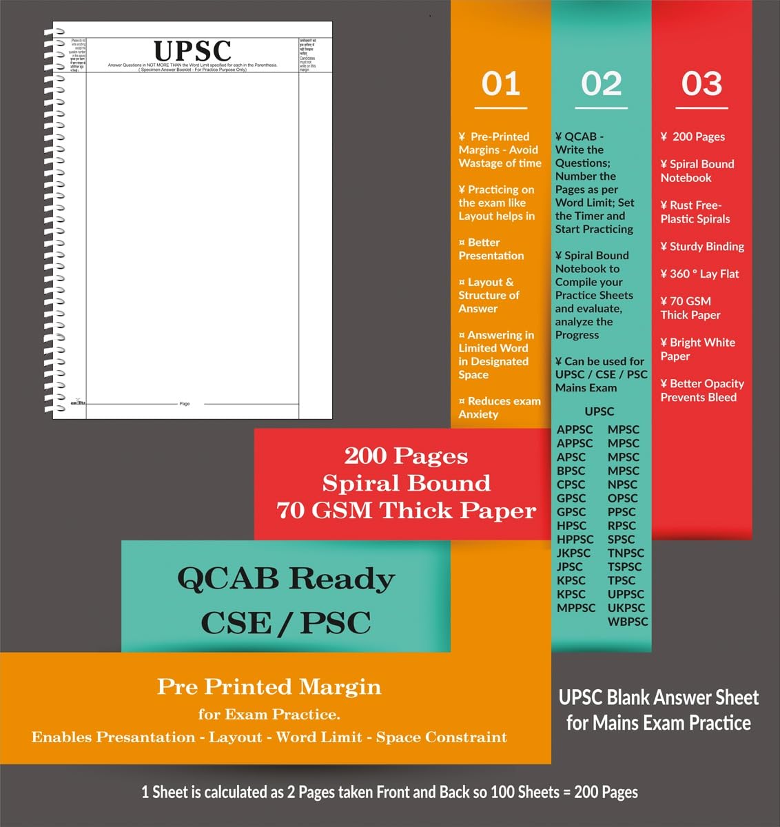 amblitz UPSC Answer Writing Sheet | 200 Pages | Spiral Notebook | A4 Size | Blank with Pre-Printed Margin for Practice | 70 GSM Thick Paper | 4