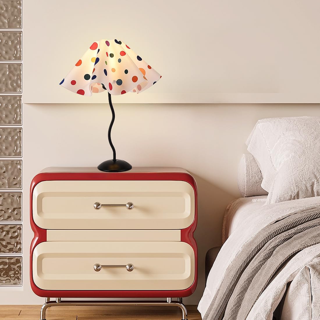 Colorful Dots Scalloped Table Lamp Modern Mini Pleated Linen Desk Lamp with Fabric Shade Small Pleated Table Lamp Modern Desk Light for Living Room, Kids Room, Home, Office