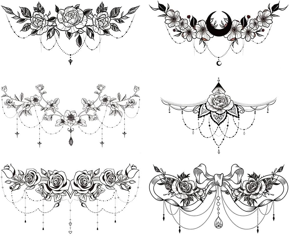 Glaryyears Chest Underboob Temporary Tattoos for Women Adult, 6 Pack Black Fake Realistic Large Long Lasting Creative Removable Tattoo Stickers, Sexy Rose Flower Tramp Stamp Sketch on Body