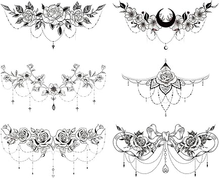 Glaryyears Chest Underboob Temporary Tattoos for Women Adult, 6 Pack Black Fake Realistic Large Long Lasting Creative Removable Tattoo Stickers, Sexy Rose Flower Tramp Stamp Sketch on Body
