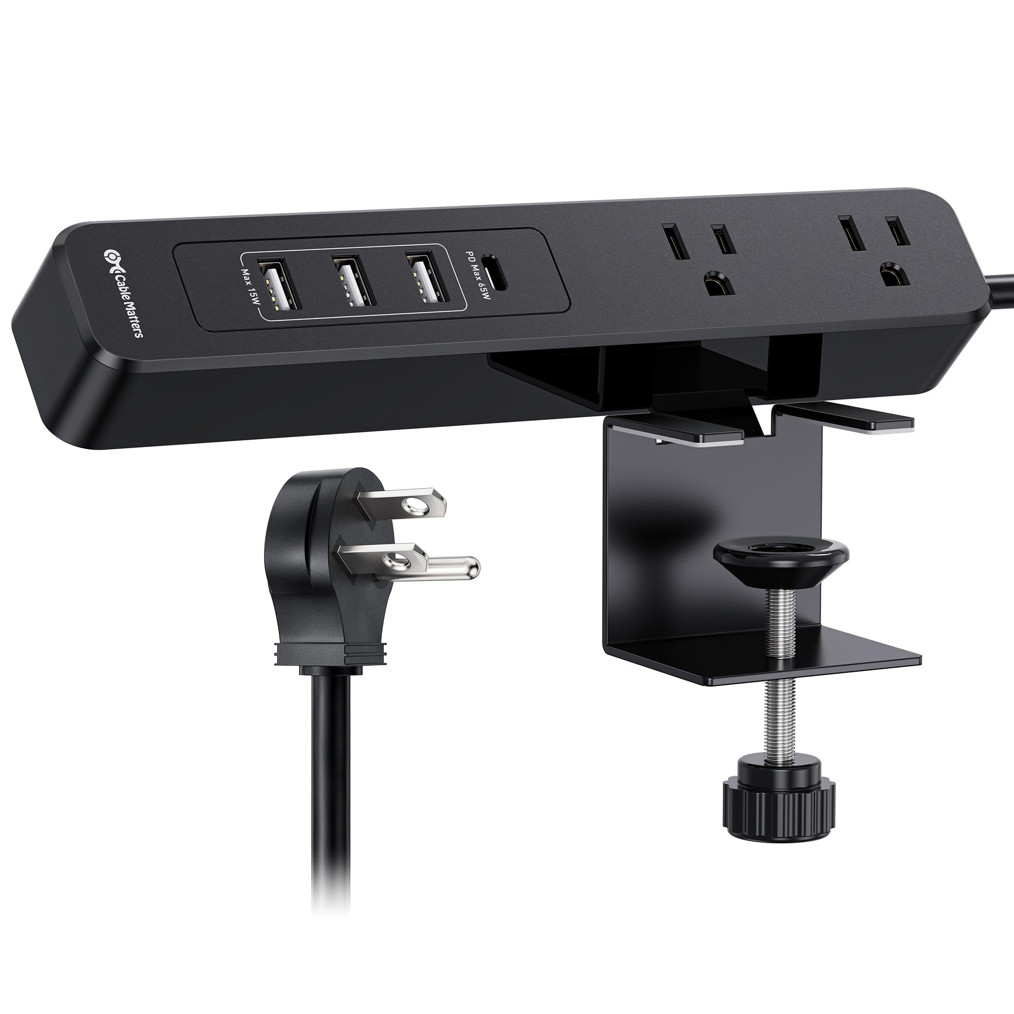 Photo 1 of [ETL Listed] Cable Matters GaN Desk Clamp Power Strip with 65W USB-C Port, 3X USB-A Ports, 2X AC Outlets 6ft, Black, Desk Power Strip/DeskPowerStation for Laptops, iPad Pro, Surface Pro, iPhone