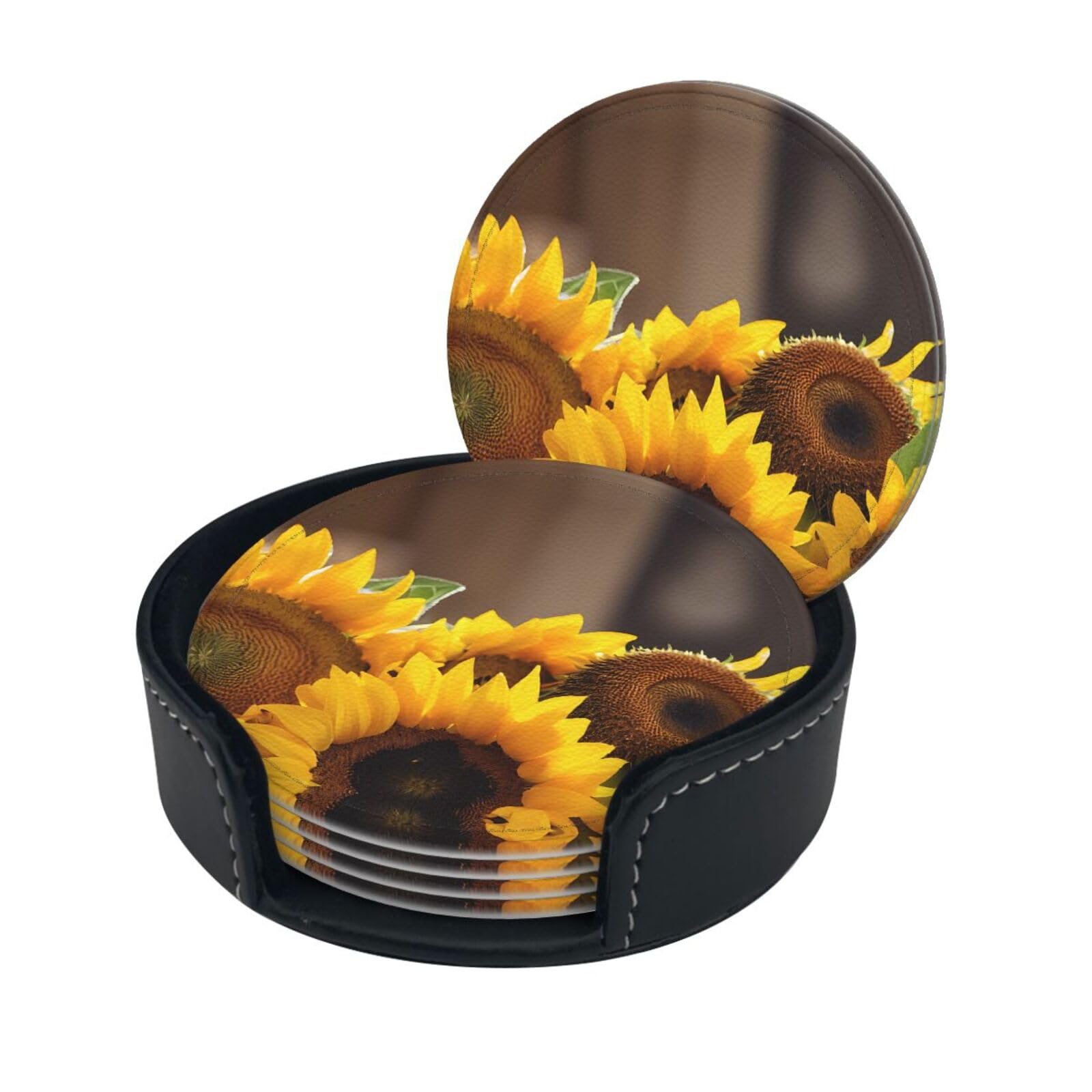Yellow Sunflowers Print Coaster,Round Leather Coasters with Storage Box for Wine Mugs,Cold Drinks and Cups Tabletop Protection (6 Piece)
