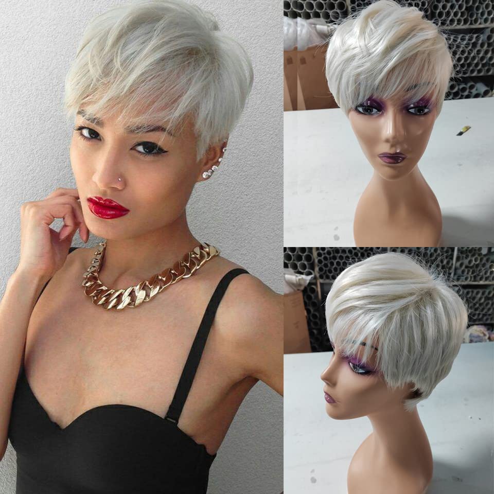 BeiSD Short Pixie Cuts Hair Wig for Women and Girls With Bangs - Synthetic for Black/White Women (X1033), Creamy White, 23.6 inches