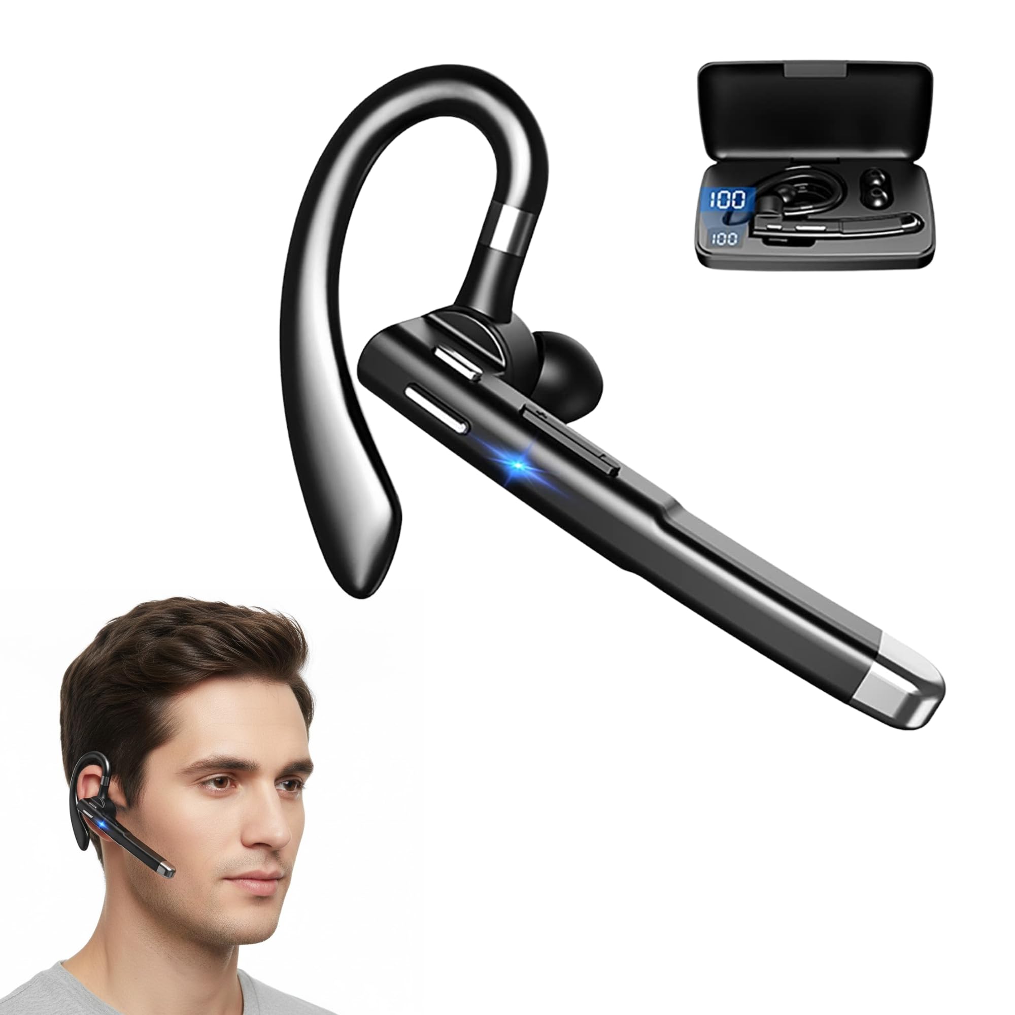 Drumstone TopRated 𝟏𝟓𝐘𝐫 𝐖𝐚𝐫𝐫𝐚𝐧𝐭𝐲 Bluetooth Earpiece V5.1 with LED Charging Case | Waterproof Headset with Noise Cancelling Mic | Bluetooth Earphone for Office, Business & Driving