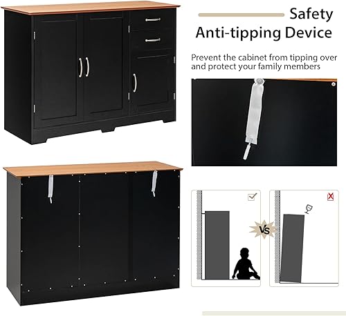 Miniatura 7 de Giantex Credenza - Organizador de muebles de cocina comedor armario de entrada con armario de 2 puertas y 2 cajones negro y natural