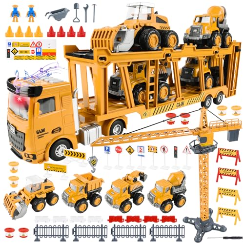 FORMIZON Vehículos de Construcción para Niños, Juego de Juguetes para Vehículos de Camión, Juguetes de Camiones Transportadores con Música y Luces, 4 Mini Vehículos de Obra (Transportador)