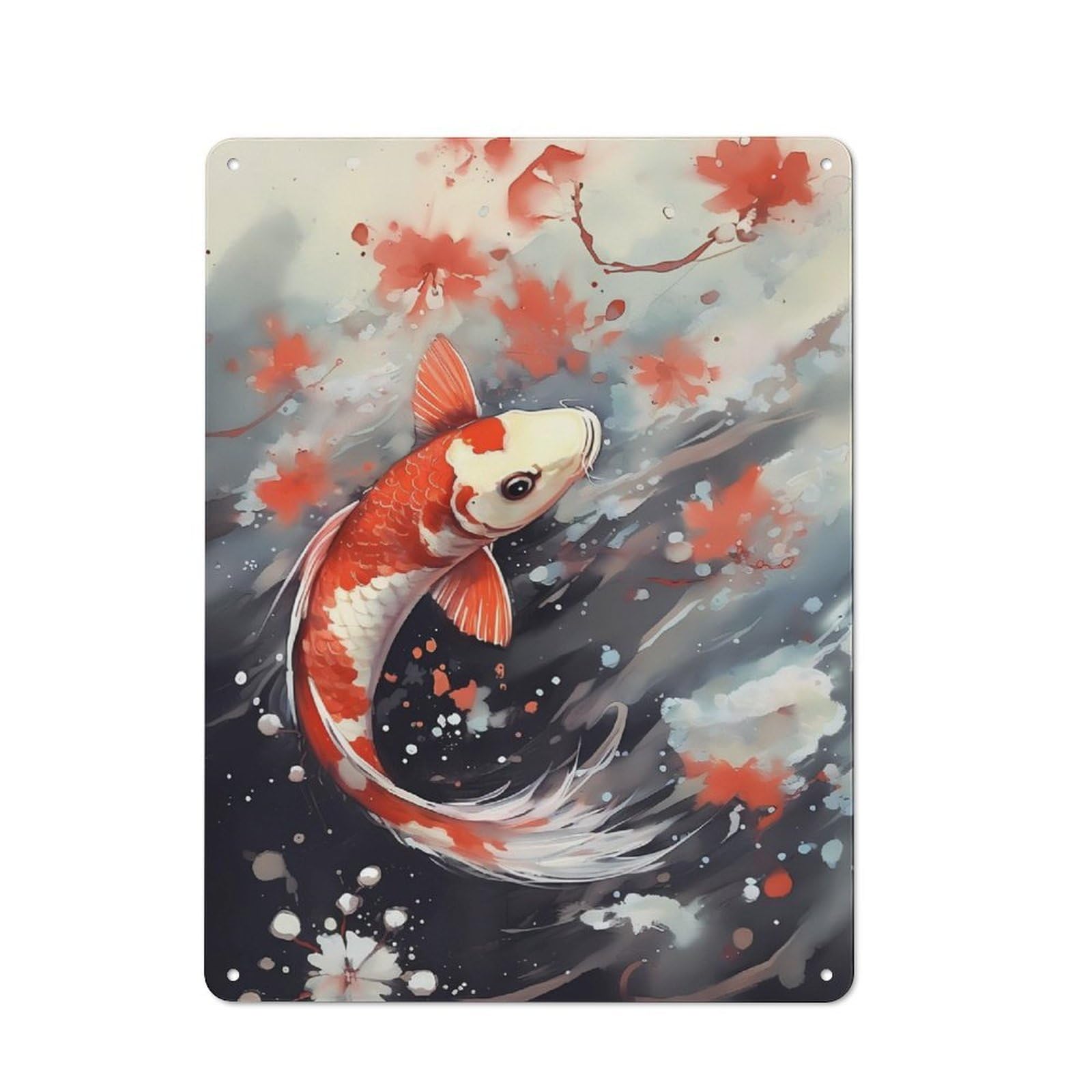 Junmoney Koi Fish Watercolor Metal Plaque 40X30cm With For Pub Or Café, Rustic Decor, For Garage, Workshop And Man Cave Decoration