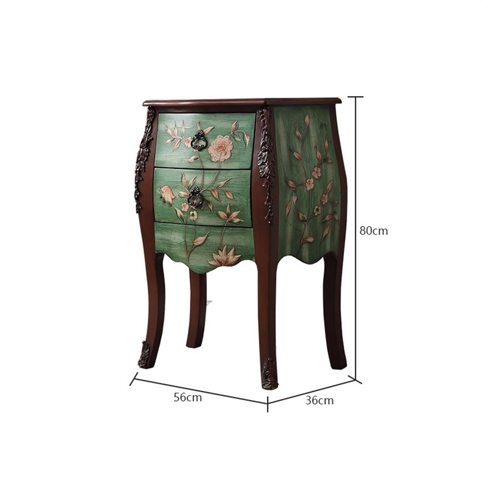tavolino portaoggetti Comodino in legno dipinto, mobiletto laterale piccolo stile country, ad angolo, con cornice floreale