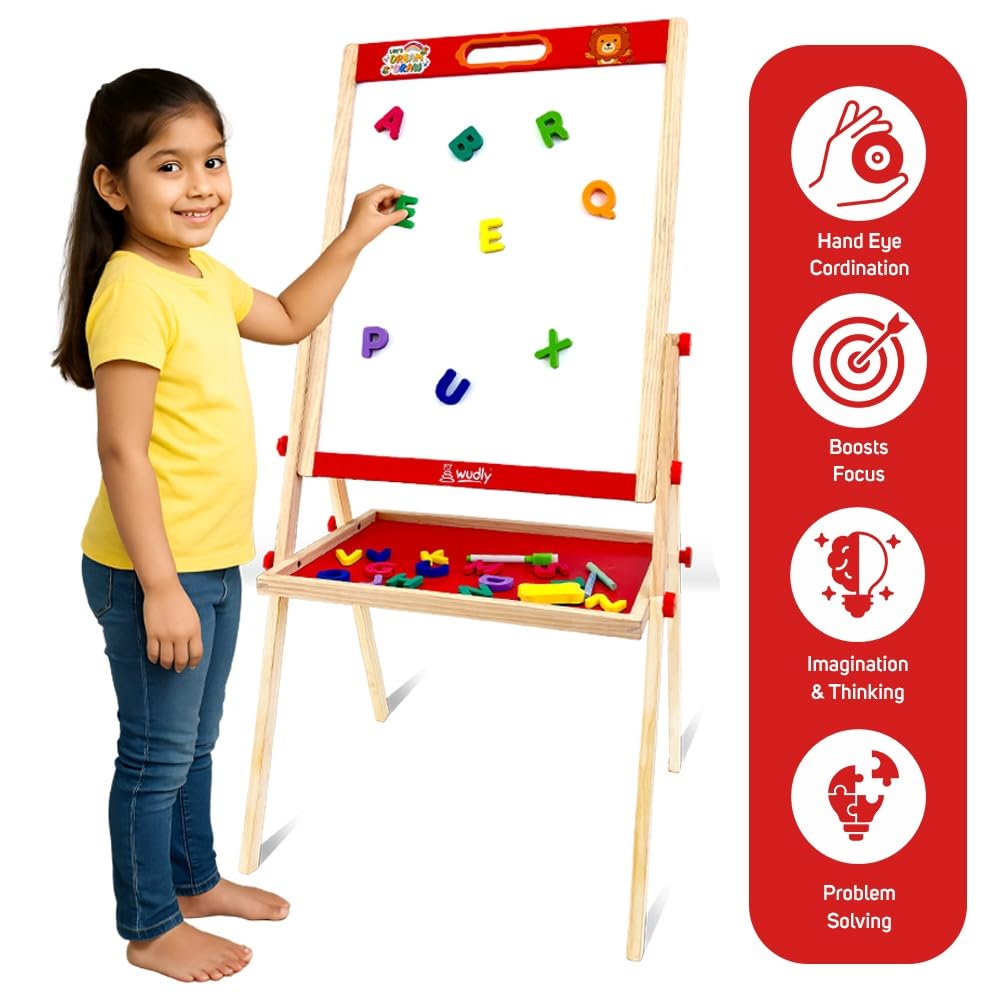 Wudly® Wooden 2-in-1 Kids Easel Board | Magnetic Whiteboard & Blackboard with Alphabet Magnets | Drawing, Writing & Learning Educational Toy for Kids 3-10 Years - Image 2 thumbnail