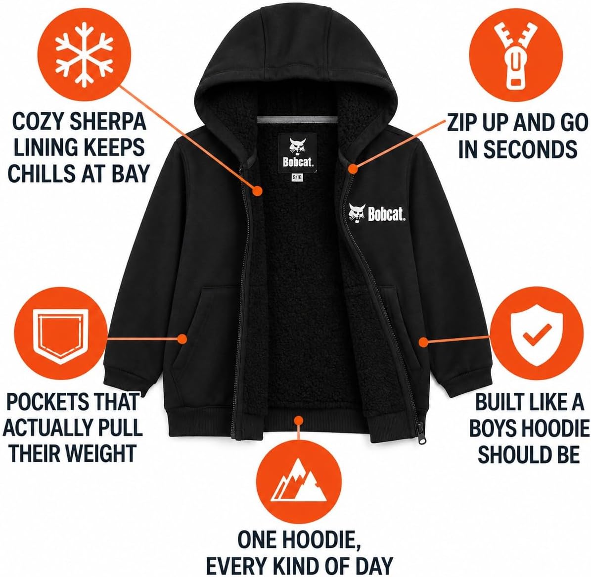 Bobcat Boys Zip Up Hoodie Sherpa Lined Fleece Jacket with Pockets