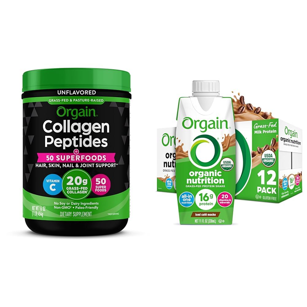 Bundle of Orgain Hydrolyzed Collagen Powder + 50 Organic Superfoods 20g Grass Fed Collagen 1lb + Orgain Organic Nutritional Protein Shake, Iced Café Mocha 16g G