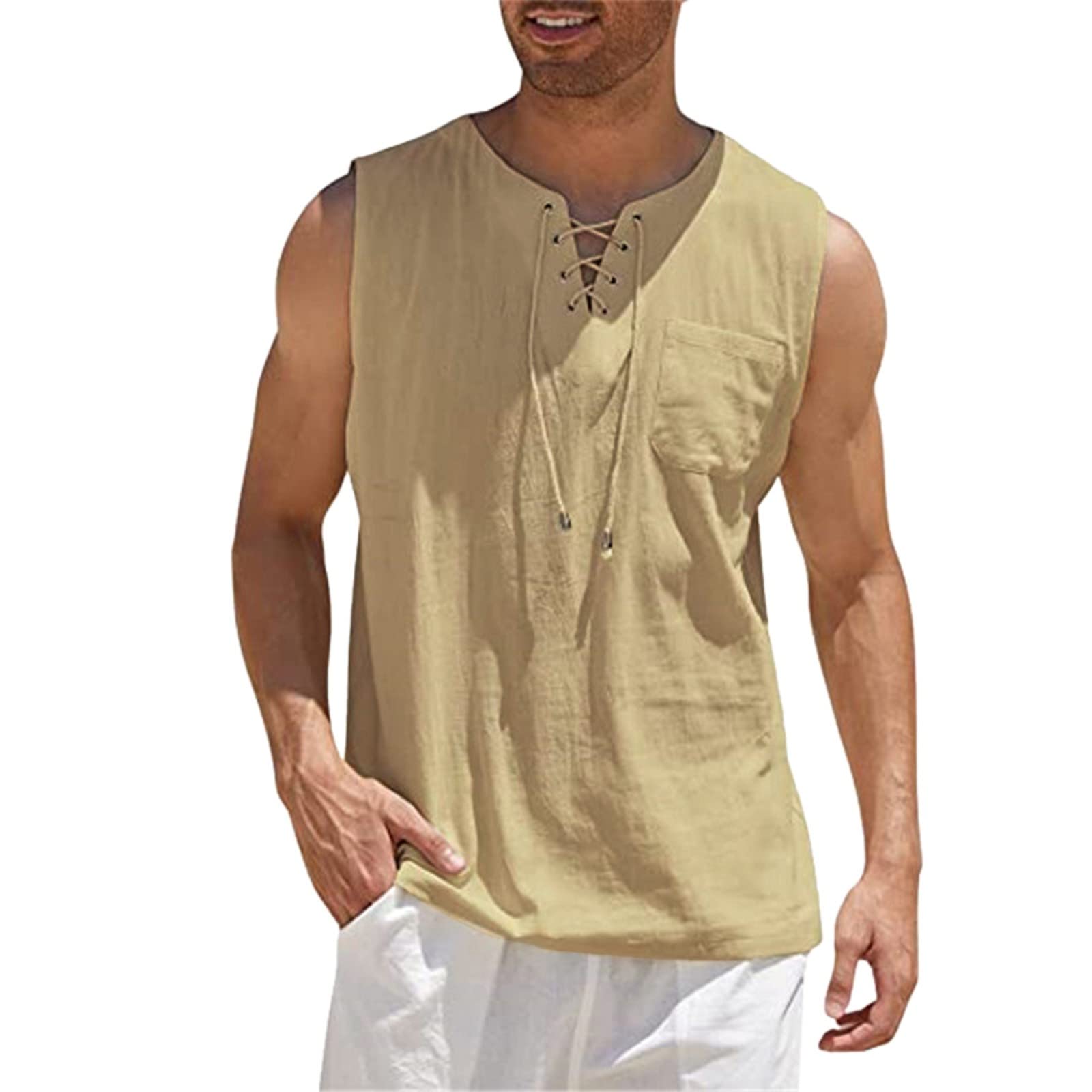 Dinnesis Camiseta de tirantes de algodón y lino para hombre, color blanco, verano, sin mangas, camiseta de playa, verano, hippie, camiseta deportiva, informal, Hawaii, camisa medieval, de secado rápido, Funky