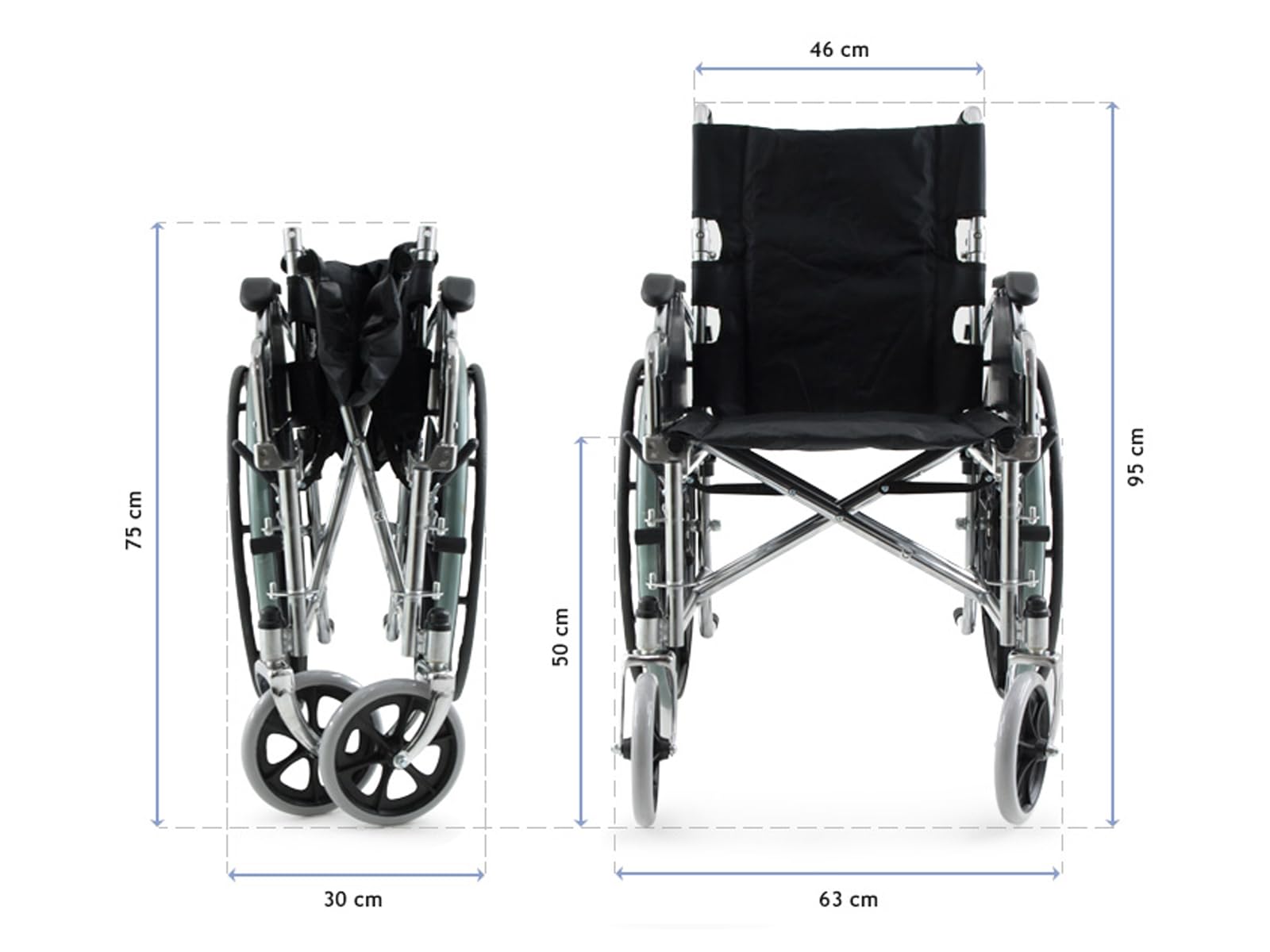 Silla de Ruedas Plegable PRO de Acero Cromado | Reposabrazos Abatibles y Reposapiés Desmontables | Respaldo Plegable | Frenos Manuales | Hasta 125 kg