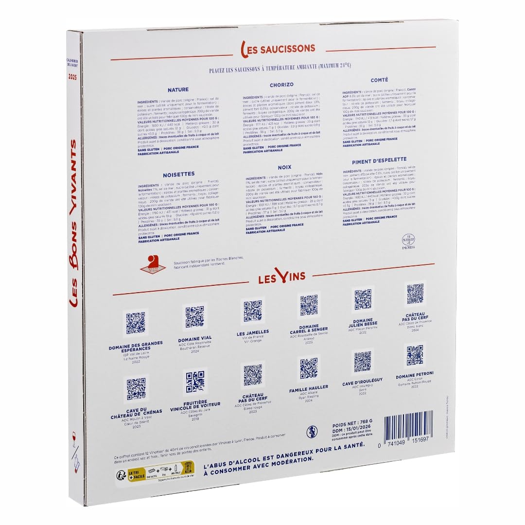 Calendario de Adviento 2025 Vinos & Embutidos, «Les Bons Vivants», 12 botellitas x 40 ml, 24 bocados de salchichón, Cata de Vinos, Idea de Regalo para hombre/mujer