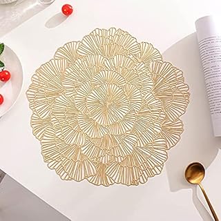 Hosoncovy 4 Pack Flower Placemats Set of 4 PVC Placemats Hollow Table Place Mats Heat Resistant Non-slip Dining Placemats Decorative Placemats for Home Kitchen Wedding Party (Gold)