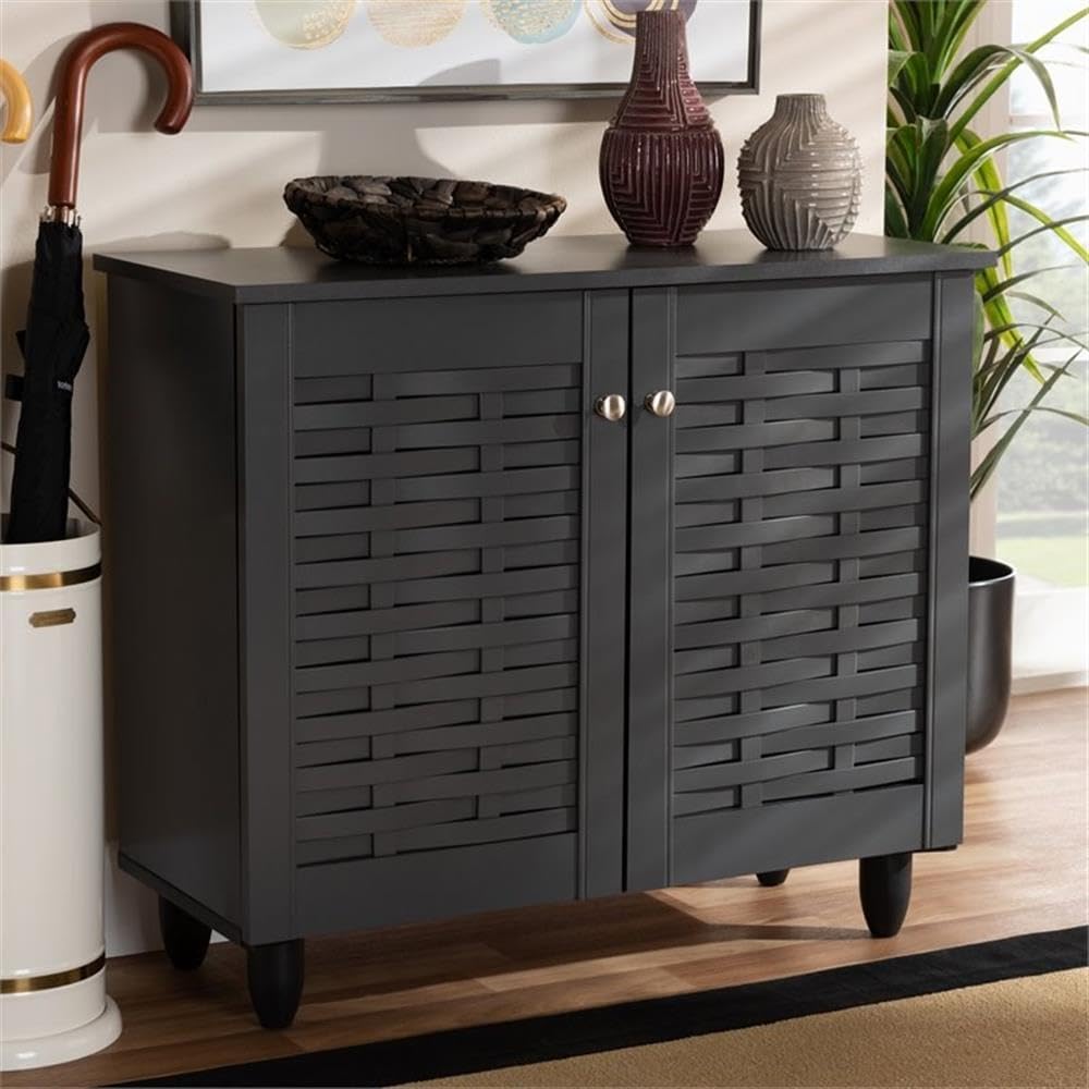 BOWERY HILL 2-Door Wooden Shoe Cabinet, Dark Gray Finish, Ventilated Doors, 2 Shelves for Up to 9 Pairs of Shoes, Contemporary Style Entryway Storage Organizer