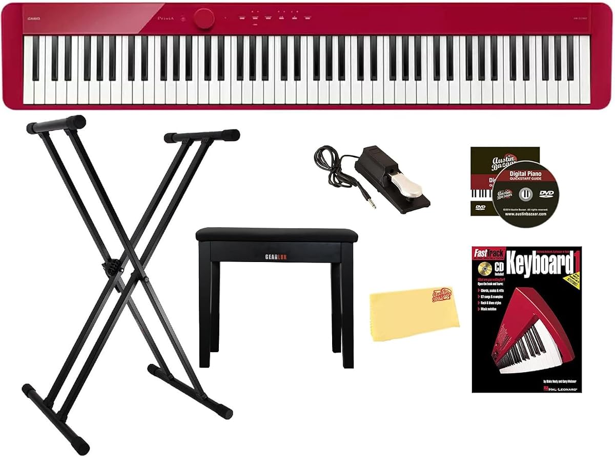 Piano digital Casio Privia PX-S1100 - Paquete rojo con soporte ajustable, banco, pedal de sostenido, libro de instrucciones, lecciones en línea, DVD instructivo de Austin Bazaar y paño de pulido