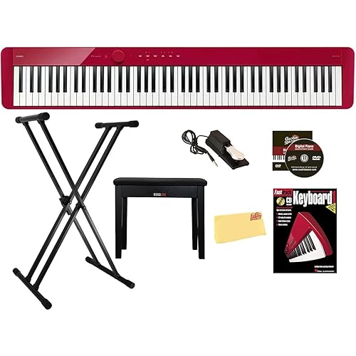 Casio Privia PX-S1100 Digital Piano - Red Bundle with Adjustable Stand, Bench, Sustain Pedal, Instructional Book, Online Lessons, Austin Bazaar Instructional DVD, and Polishing Cloth