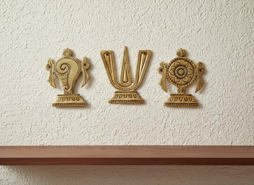 Image of SJL Exports Pure Brass Wall Hanging Set, Shankh Chakra Namah Motifs, 11 cm, 3 Piece Spiritual Home Decor, Handcrafted Traditional Design