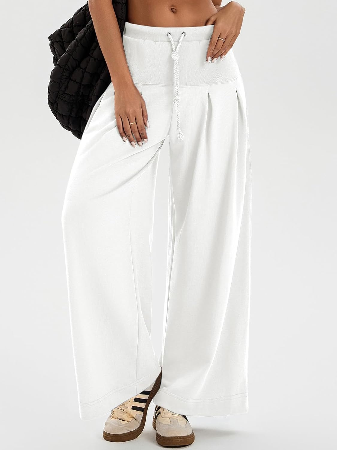 Tankaneo Womens Pleated Wide Leg Sweatpants Baggy Drawstring High Waisted Pants Casual Comfy Palazzo Lounge Pants - Image 2