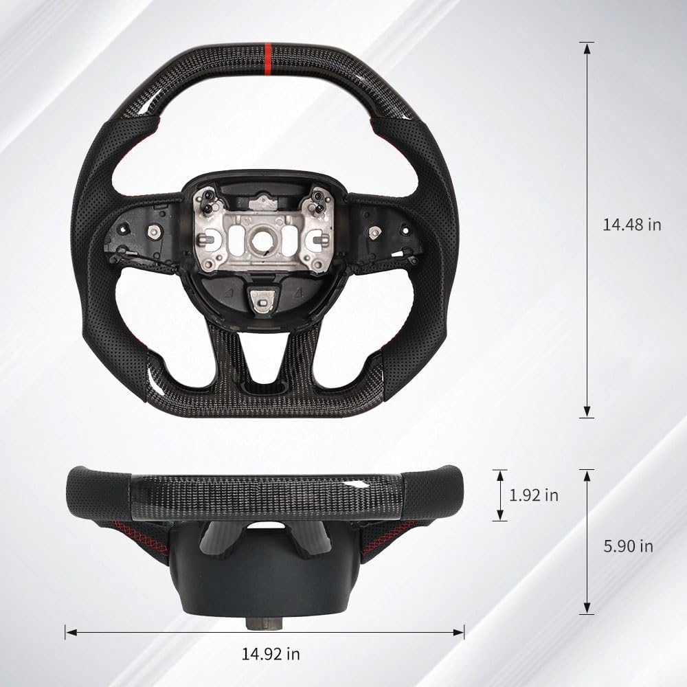 Flat-bottom Steering Wheel, Preforated Leather Grip Carbon Fiber Steering Wheel Compatible with Dodge Challenger/Charger/HellCat 2015-2020 SRT