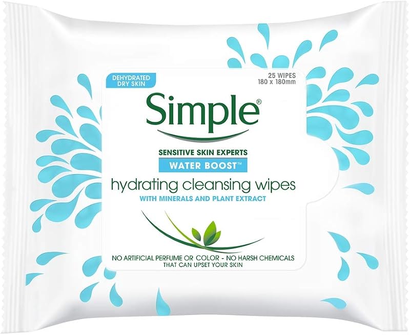 Simple Water Boost Lenços de Limpeza Facial, 6 pacotes com 25 unidades