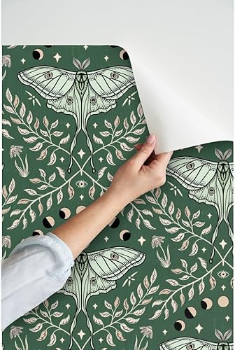 Miniatura 3 de Spoonflower Papel tapiz autoadhesivo de 12 x 2 pies  Polillas Damasco Luna Verde Oliva Hojas Grandes Celestial Papel tapiz extraíble personalizado