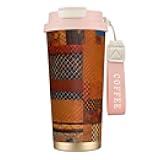 kurue African Textile Patchwork Print Insulated Coffee Mug Leak-Proof Lid And Straw, Stainless Steel Travel Cup, Keeps Cold For Daliy