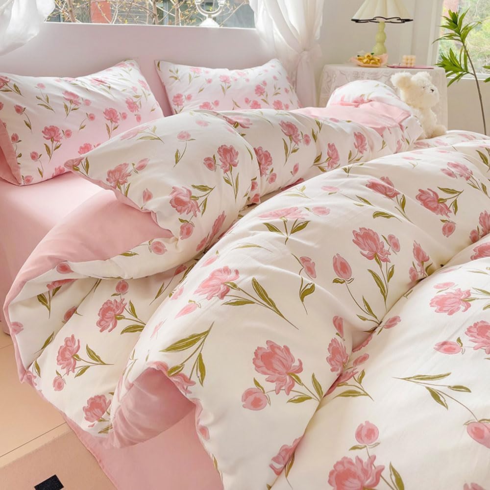 Nyescasa Duvet Cover King Pink White Floral Flowers Botanical Meadow Reversible Bedding Set Pink Flower Print Microfibre Comforter Cover 220x230 cm with Zipper Closure and 2 Pillowcases 50x75 cm