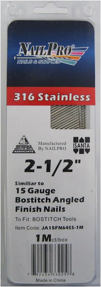 2-1/2" x 15 Gauge Angled Finish Nails - to fit Bostich Nailers - 1000 pc. pack - Type 316 Stainless Steel (Salt Water Safe)