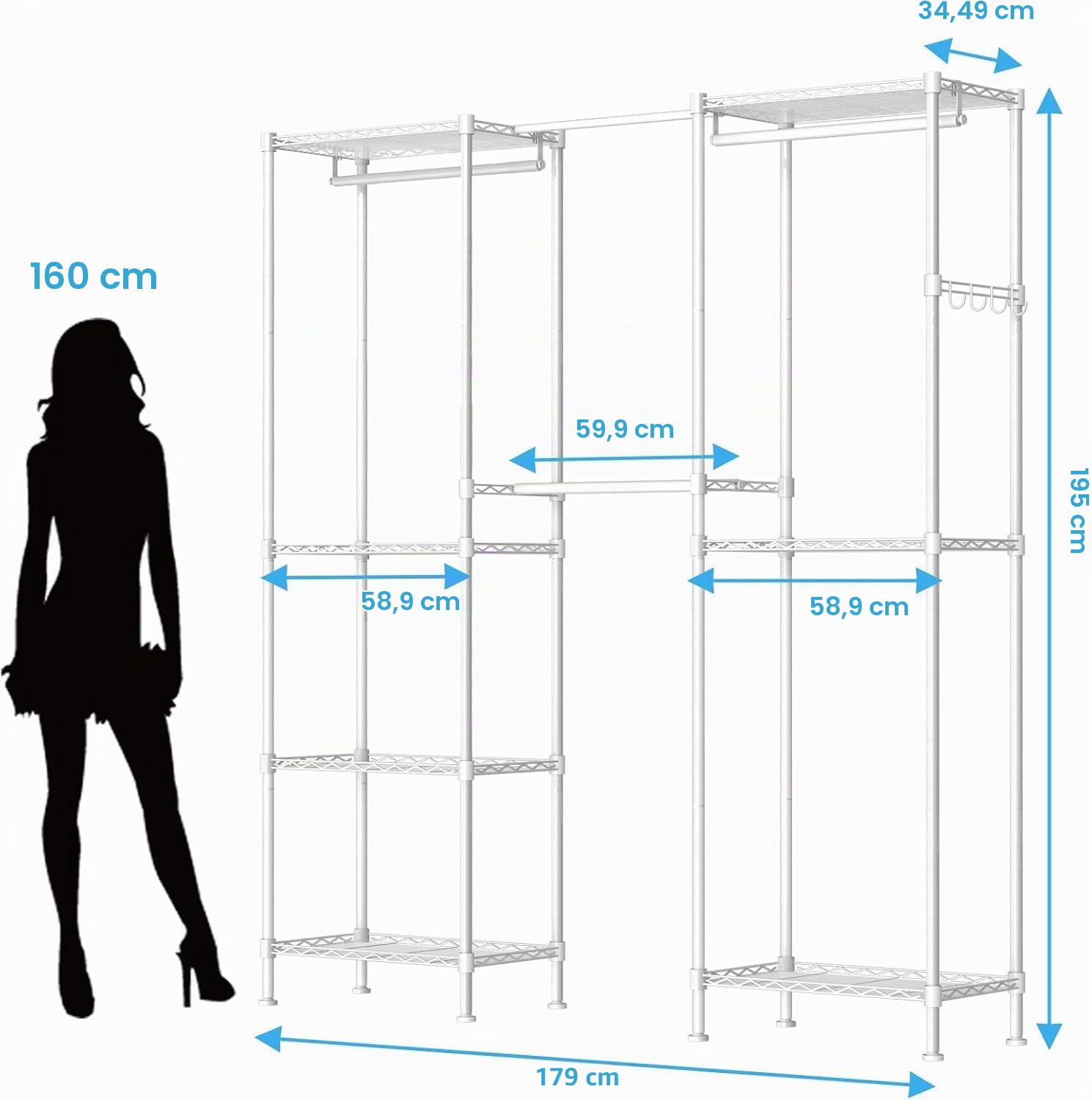 VyGrow Schwerlast Kleiderstände zum Aufhängen von Kleidung, Kleiderständer mit 4 Aufhängestangen & 7 Regalen, 175 cm Lx39.9 cm Bx194.1 cm H, (weiß)