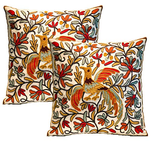 ZUODO Yellow Bird Cushion Cover 18x18 or 45x45cm Hand Made National Embroidery Bohemian Housewarming Car Home Decoration Cushion Cover/Throw Pillow Cover Set of 2(Bird-Yellow, 2)