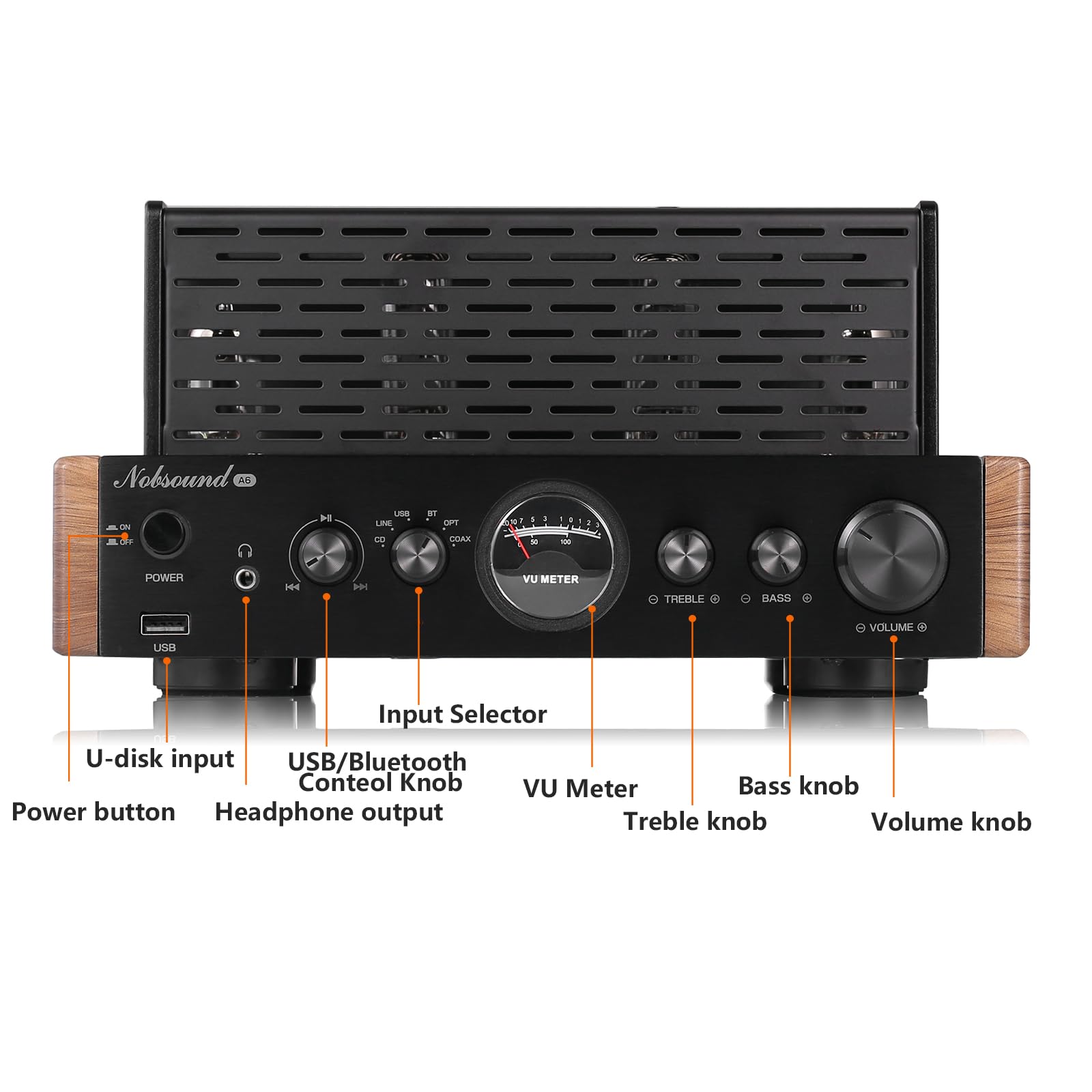 Nobsound Amplificatore a valvole Bluetooth HiFi: amplificatore stereo ibrido con ottico, coassiale, due ingressi RCA e USB, con misuratore VU, per altoparlante, cuffie