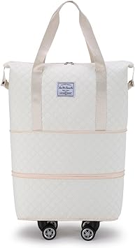 Rolling Duffle Bag with Wheels, Detachable Spinner Wheels, Wet Pocket, Beige