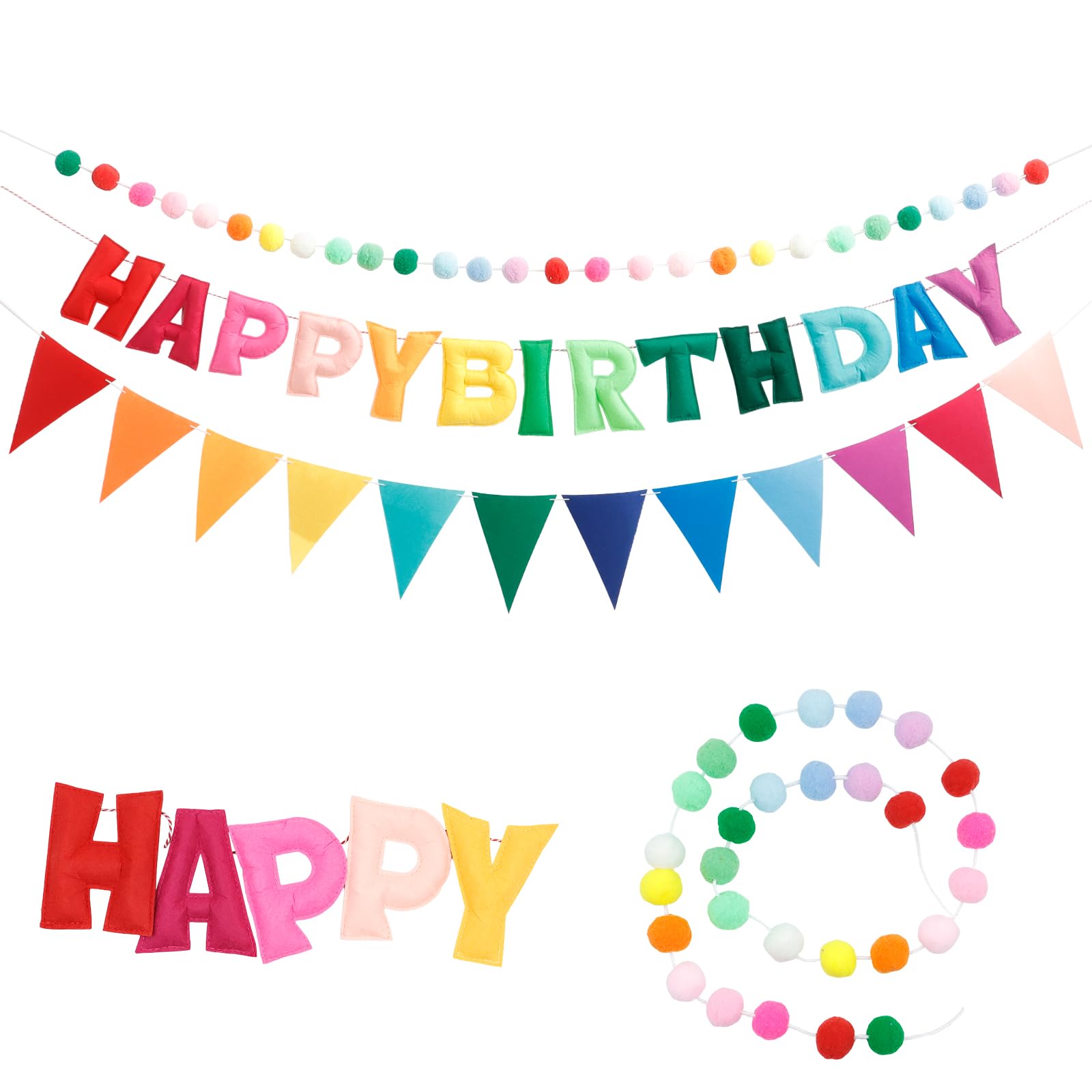 Bannière réutilisable Happy Birthday en feutre arc-en-ciel - 3 pcs