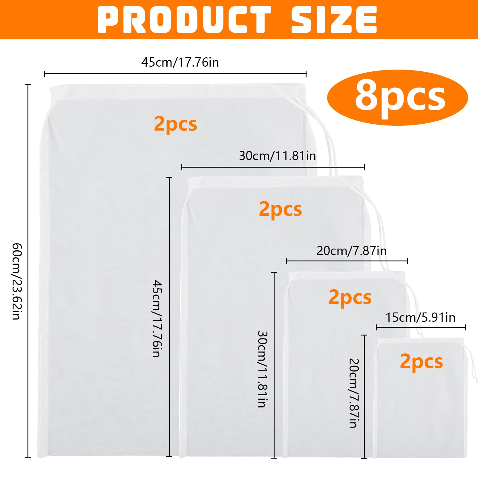 Set 8 Sacchetti Filtro 100 Mesh Per Birra Fatta In Casa - Riutilizzabili, Con Coulisse, 4 Misure Diverse - Foto 9